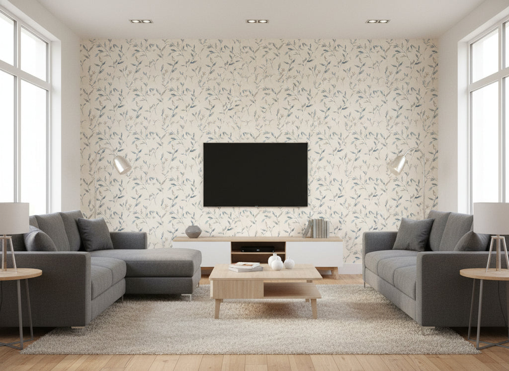 Hana Trail Indigo | Romo - Living Room Visualization (AI-generated, may not be to scale. Verify pattern scale with product specifications.)