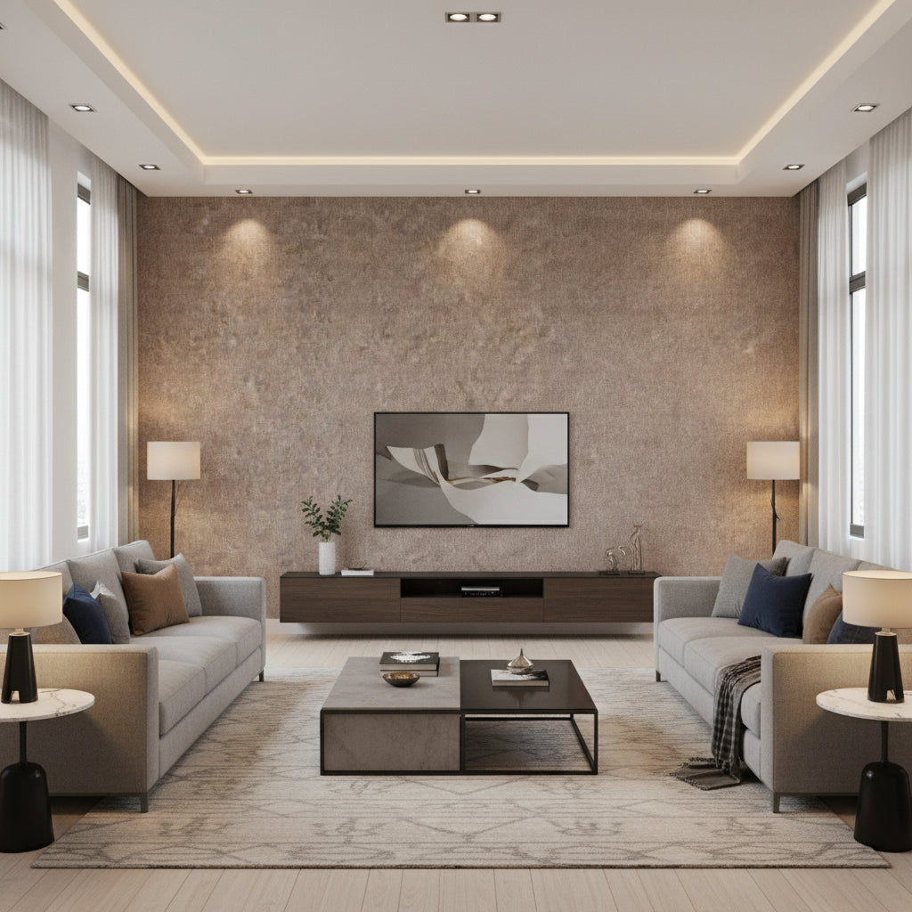 Jali Copper | Romo - Living Room Visualization (AI-generated, may not be to scale. Verify pattern scale with product specifications.)