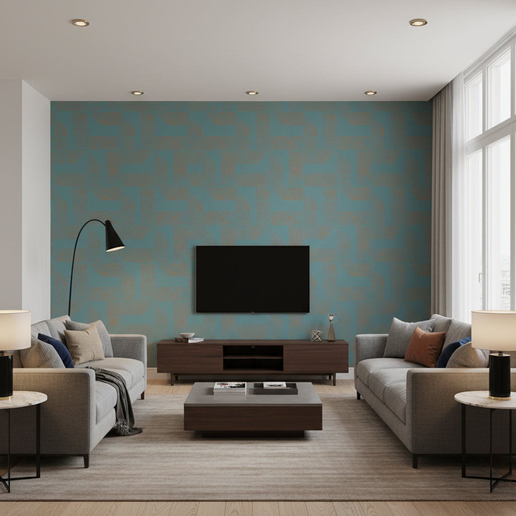 Renzo Teal | Romo - Living Room Visualization (AI-generated, may not be to scale. Verify pattern scale with product specifications.)