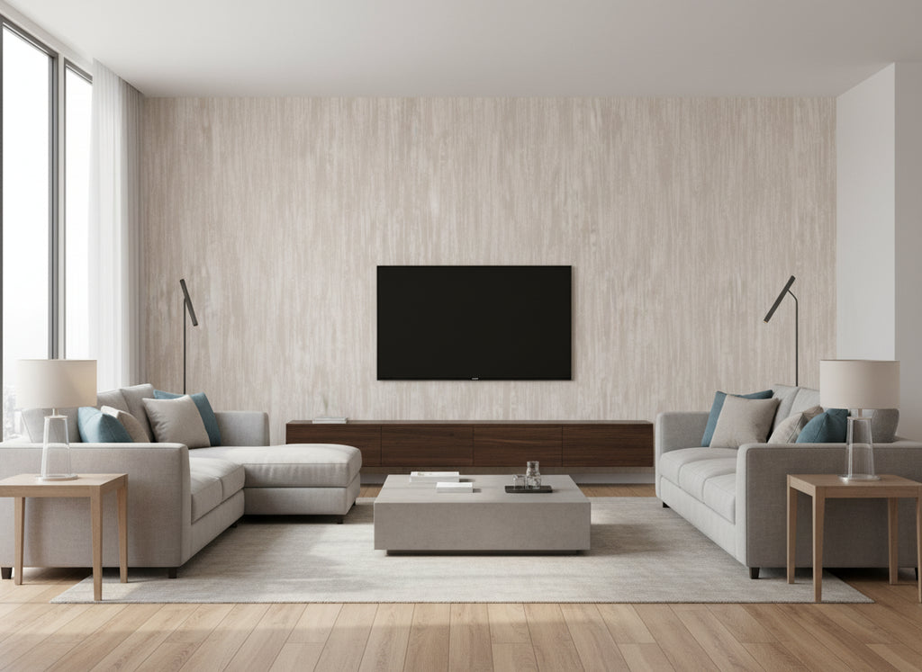 Cortona Plaster | Romo - Living Room Visualization (AI-generated, may not be to scale. Verify pattern scale with product specifications.)