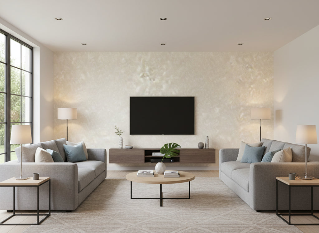 Lucidato Jasmine | Romo - Living Room Visualization (AI-generated, may not be to scale. Verify pattern scale with product specifications.)