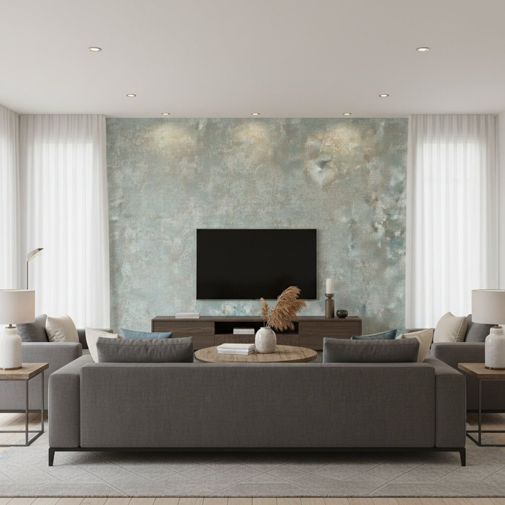 Arriccio Verdigris | Romo - Living Room Visualization (AI-generated, may not be to scale. Verify pattern scale with product specifications.)