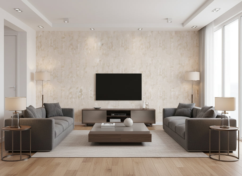 Intona Pumice | Romo - Living Room Visualization (AI-generated, may not be to scale. Verify pattern scale with product specifications.)