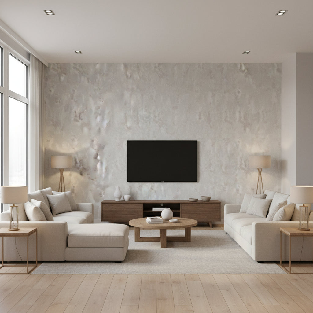 Intona Cobweb | Romo - Living Room Visualization (AI-generated, may not be to scale. Verify pattern scale with product specifications.)
