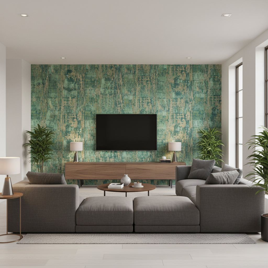 Anta Emerald | Romo - Living Room Visualization (AI-generated, may not be to scale. Verify pattern scale with product specifications.)