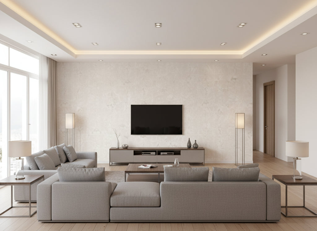Venezia Jasmine | Romo - Living Room Visualization (AI-generated, may not be to scale. Verify pattern scale with product specifications.)
