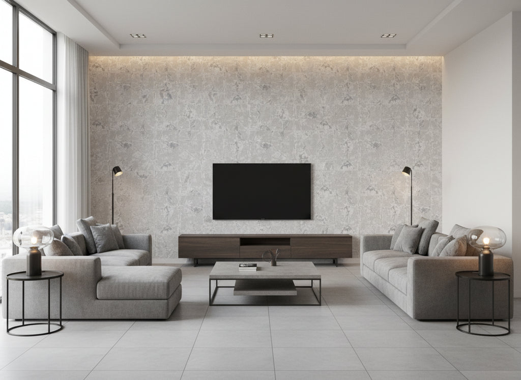 Venezia Quartz | Romo - Living Room Visualization (AI-generated, may not be to scale. Verify pattern scale with product specifications.)