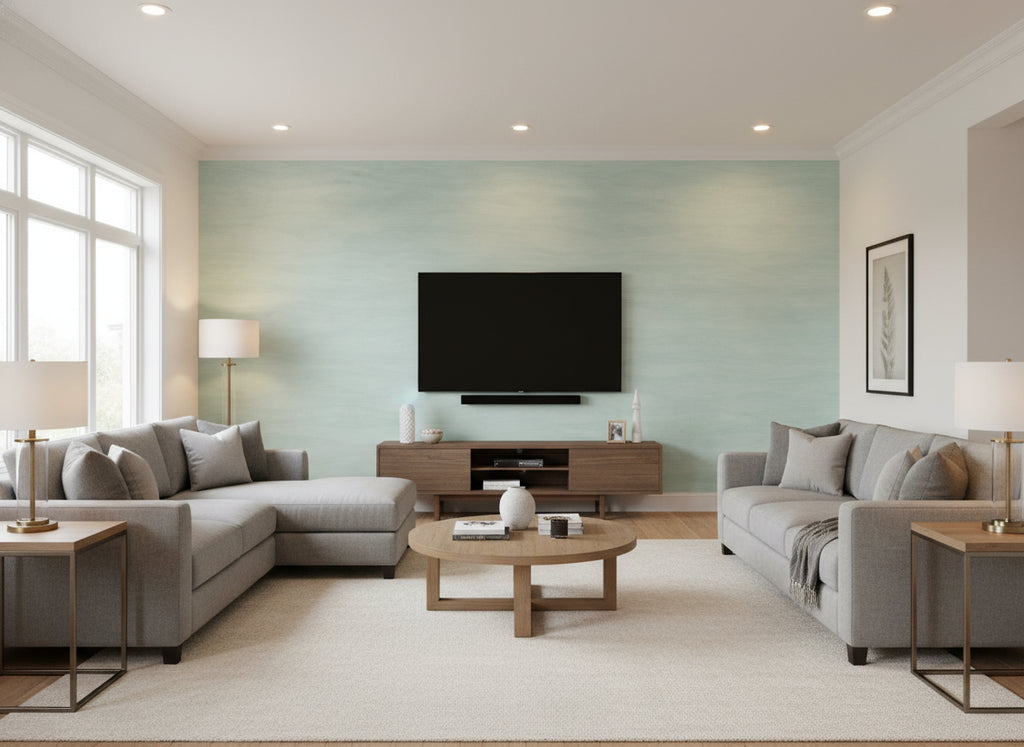 Swish Ocean | Romo - Living Room Visualization (AI-generated, may not be to scale. Verify pattern scale with product specifications.)