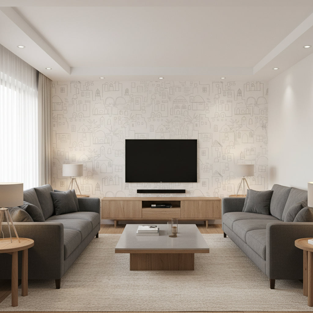 Teeny Santorini Stone | Romo - Living Room Visualization (AI-generated, may not be to scale. Verify pattern scale with product specifications.)