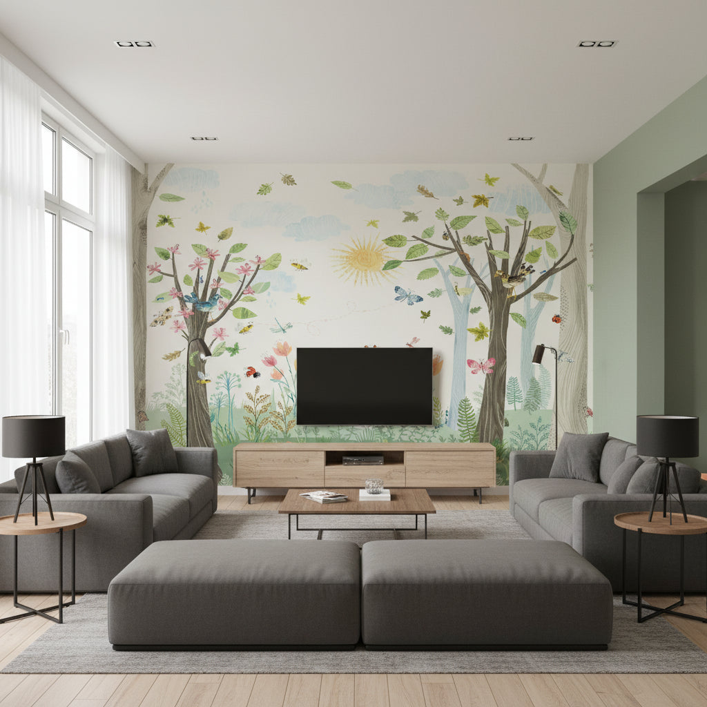 Busy Buzzy Wall Mural | Romo - Living Room Visualization (AI-generated, may not be to scale. Verify pattern scale with product specifications.)