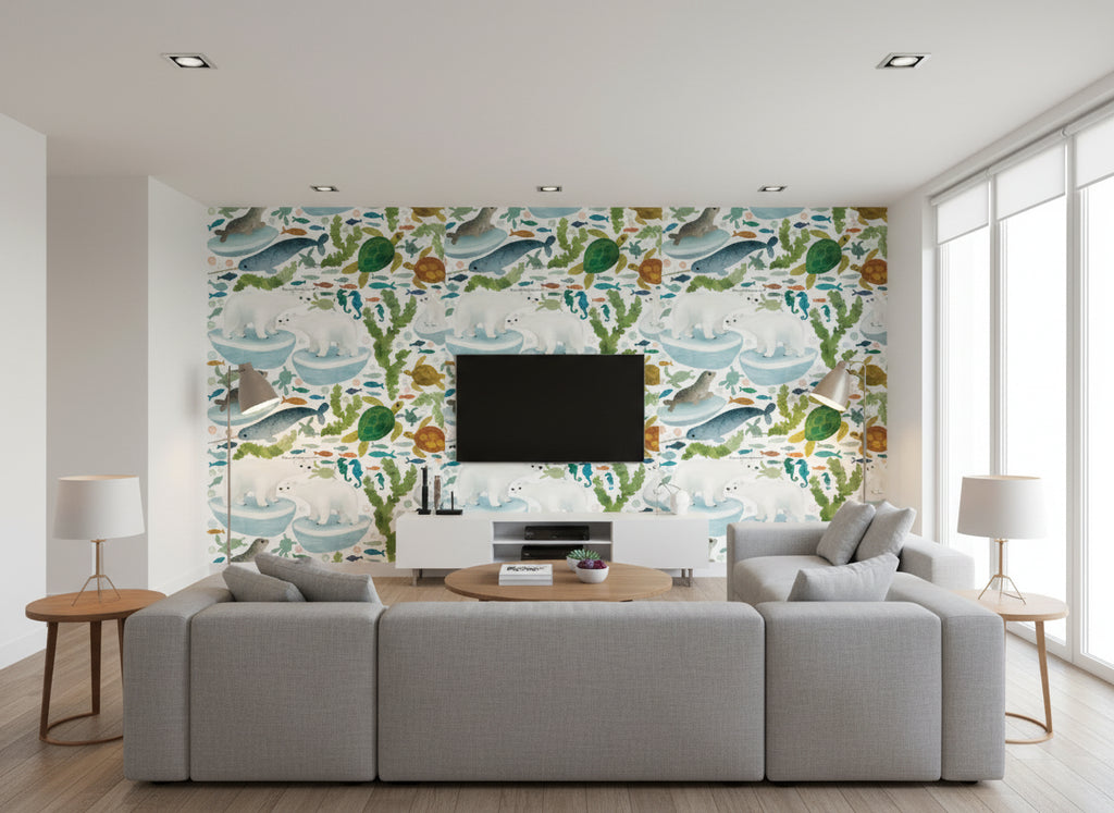 Ocean Antics Wall Stickers | Romo - Living Room Visualization (AI-generated, may not be to scale. Verify pattern scale with product specifications.)