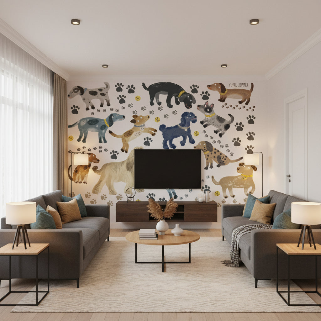 Walkies Wall Stickers | Romo - Living Room Visualization (AI-generated, may not be to scale. Verify pattern scale with product specifications.)