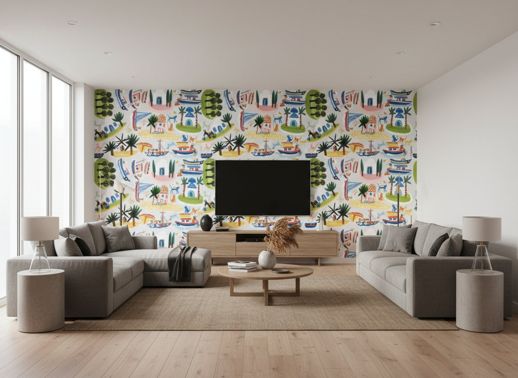 Island Hopping Wall Stickers | Romo - Living Room Visualization (AI-generated, may not be to scale. Verify pattern scale with product specifications.)