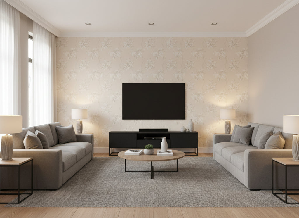 Gracia Porcelain | Romo - Living Room Visualization (AI-generated, may not be to scale. Verify pattern scale with product specifications.)