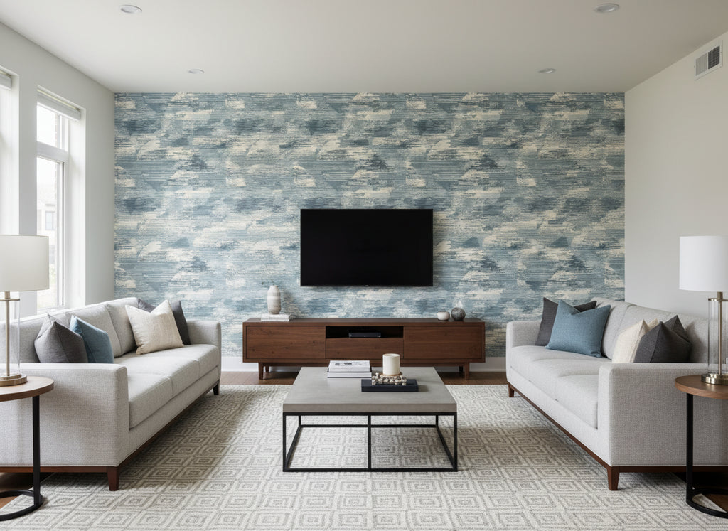 Hockley Tide | Romo - Living Room Visualization (AI-generated, may not be to scale. Verify pattern scale with product specifications.)