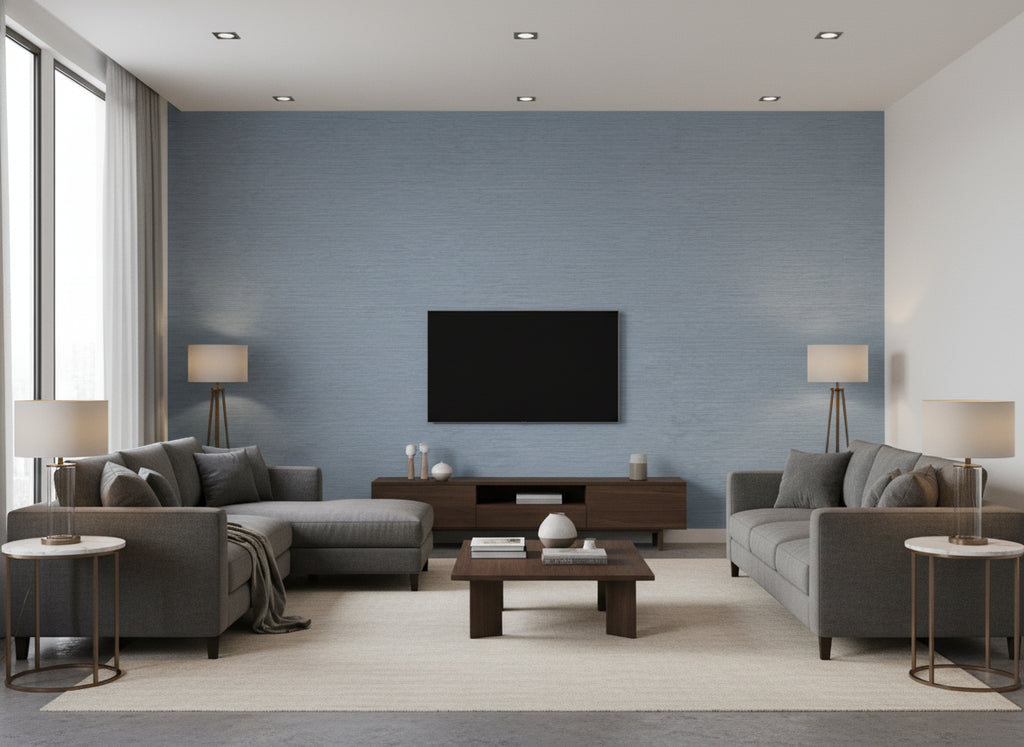 Chandbali Wide Ink | Romo - Living Room Visualization (AI-generated, may not be to scale. Verify pattern scale with product specifications.)