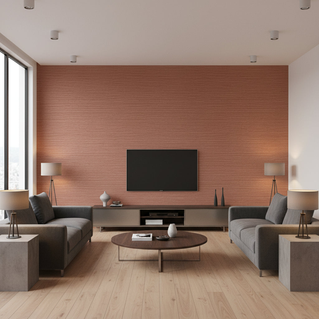 Chandbali Wide Copper | Romo - Living Room Visualization (AI-generated, may not be to scale. Verify pattern scale with product specifications.)