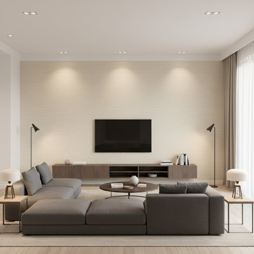 Chandbali Wide Macaroon | Romo - Living Room Visualization (AI-generated, may not be to scale. Verify pattern scale with product specifications.)