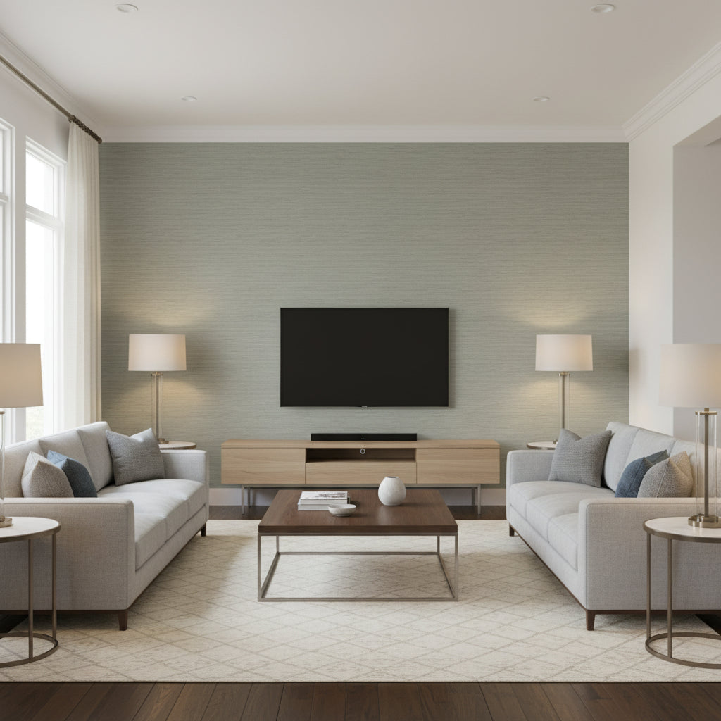 Chandbali Wide Sage | Romo - Living Room Visualization (AI-generated, may not be to scale. Verify pattern scale with product specifications.)