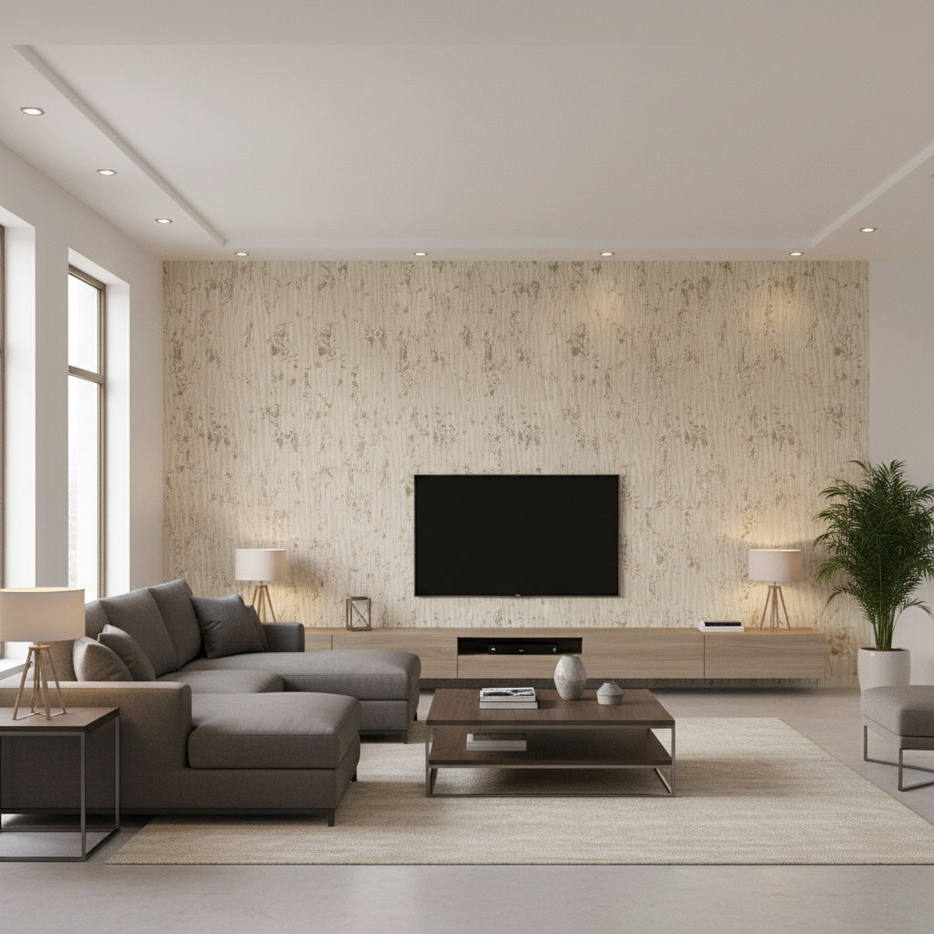 Raval Gold | Romo - Living Room Visualization (AI-generated, may not be to scale. Verify pattern scale with product specifications.)