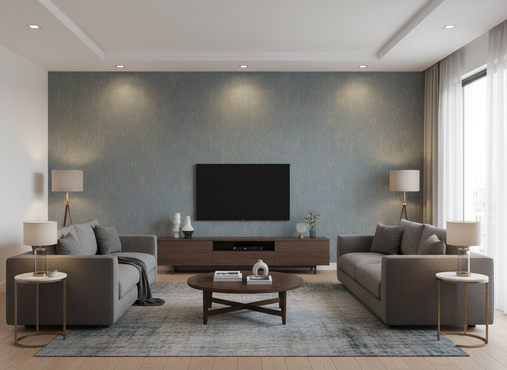 Raval steel blue | Romo - Living Room Visualization (AI-generated, may not be to scale. Verify pattern scale with product specifications.)
