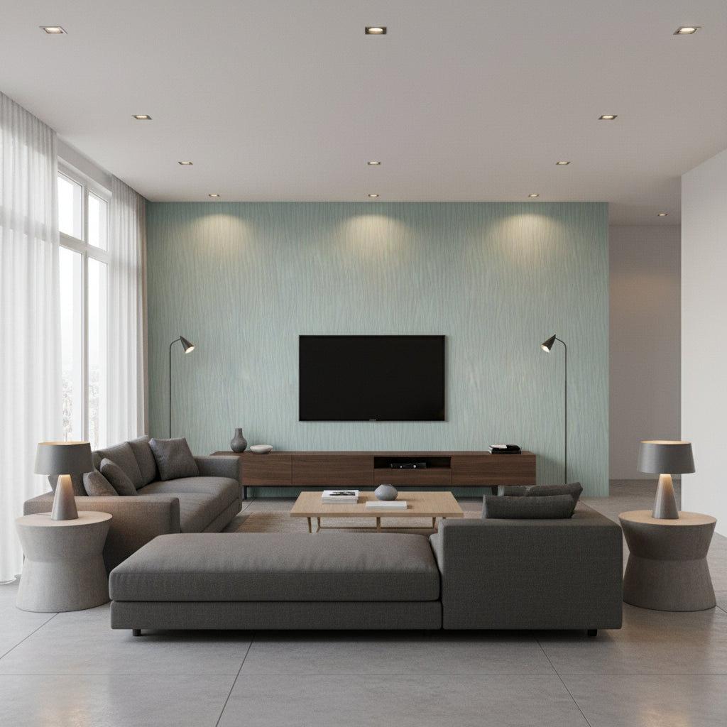 Naples Wide Verdigris | Romo - Living Room Visualization (AI-generated, may not be to scale. Verify pattern scale with product specifications.)