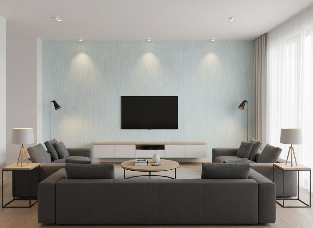 Naples Wide Freshwater | Romo - Living Room Visualization (AI-generated, may not be to scale. Verify pattern scale with product specifications.)