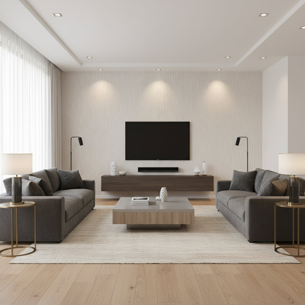 Naples Wide Ice | Romo - Living Room Visualization (AI-generated, may not be to scale. Verify pattern scale with product specifications.)