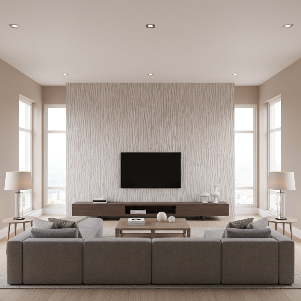 Naples Wide Cappuccino | Romo - Living Room Visualization (AI-generated, may not be to scale. Verify pattern scale with product specifications.)
