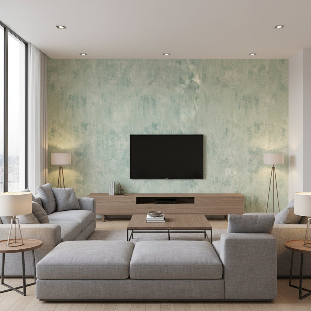 Temperate Verdigris | Romo - Living Room Visualization (AI-generated, may not be to scale. Verify pattern scale with product specifications.)