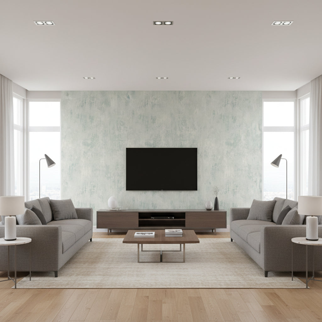 Temperate Droplet | Romo - Living Room Visualization (AI-generated, may not be to scale. Verify pattern scale with product specifications.)