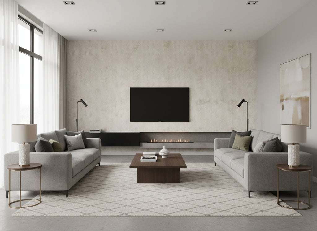 Temperate Pumice | Romo - Living Room Visualization (AI-generated, may not be to scale. Verify pattern scale with product specifications.)