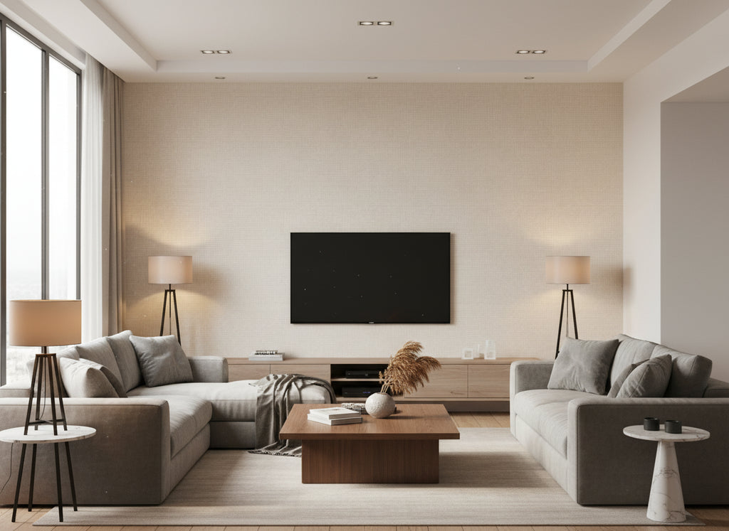 Nikko Birch | Romo - Living Room Visualization (AI-generated, may not be to scale. Verify pattern scale with product specifications.)