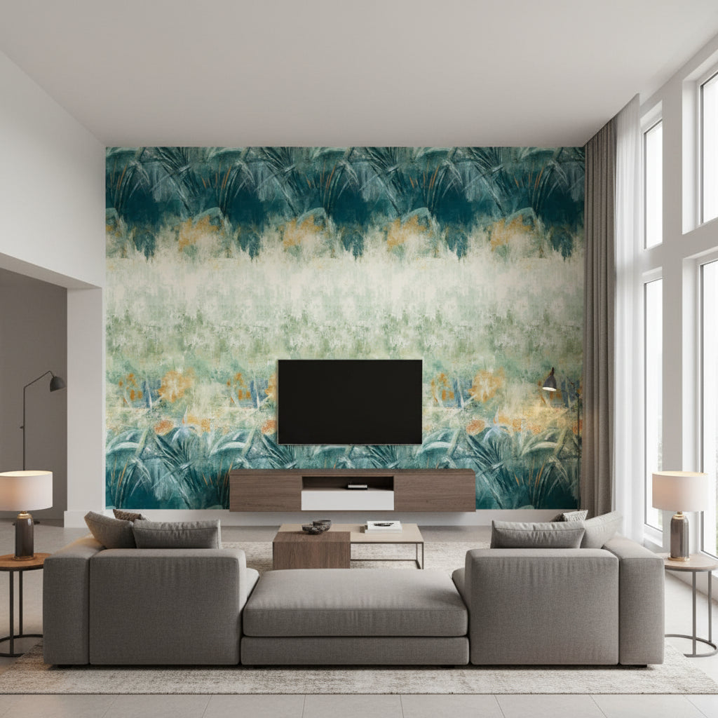 Hothouse Wall Mural Eden | Romo - Living Room Visualization (AI-generated, may not be to scale. Verify pattern scale with product specifications.)
