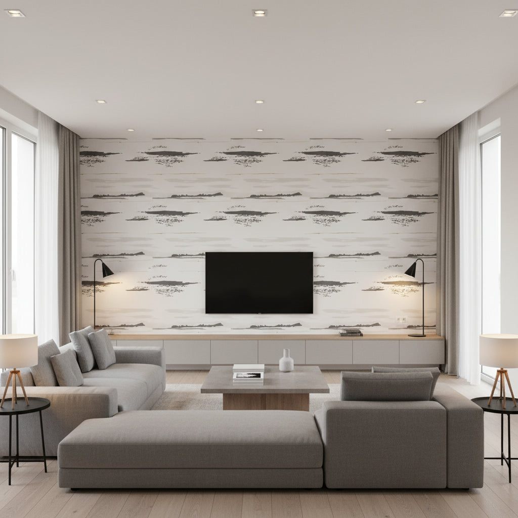 Taiga Carbon | Romo - Living Room Visualization (AI-generated, may not be to scale. Verify pattern scale with product specifications.)