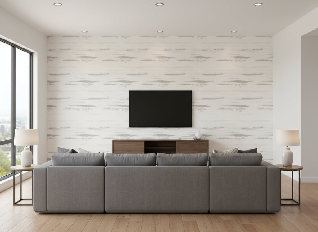 Taiga Chalk | Romo - Living Room Visualization (AI-generated, may not be to scale. Verify pattern scale with product specifications.)