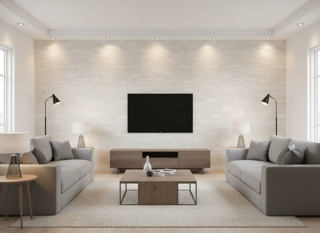 Heath Ice | Romo - Living Room Visualization (AI-generated, may not be to scale. Verify pattern scale with product specifications.)