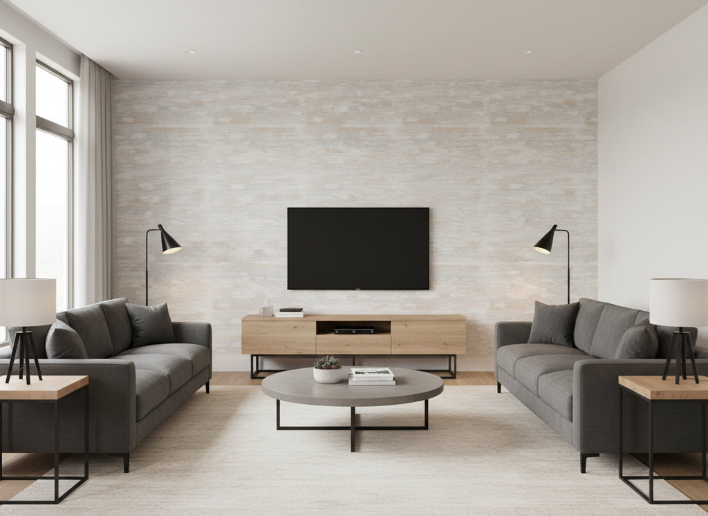 Heath Chalk | Romo - Living Room Visualization (AI-generated, may not be to scale. Verify pattern scale with product specifications.)