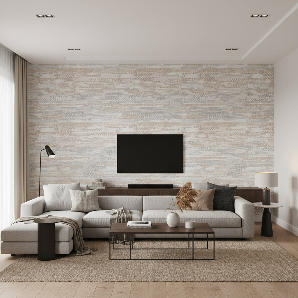 Heath Tuscan | Romo - Living Room Visualization (AI-generated, may not be to scale. Verify pattern scale with product specifications.)