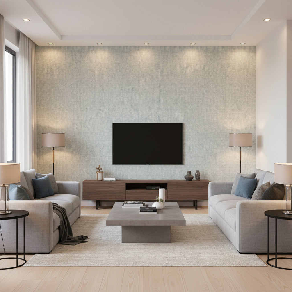 Kaolin Dew | Romo - Living Room Visualization (AI-generated, may not be to scale. Verify pattern scale with product specifications.)
