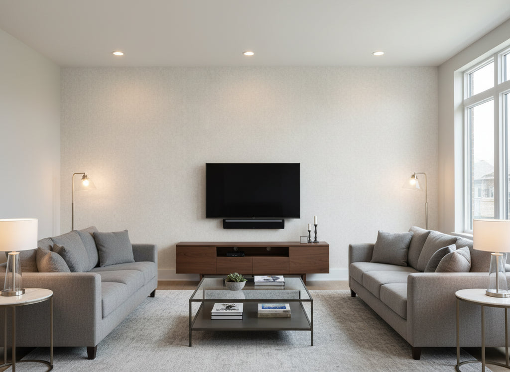 Kaolin Ice | Romo - Living Room Visualization (AI-generated, may not be to scale. Verify pattern scale with product specifications.)