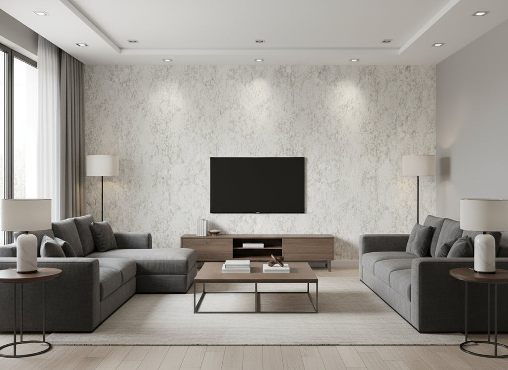 Loess ivory | Romo - Living Room Visualization (AI-generated, may not be to scale. Verify pattern scale with product specifications.)