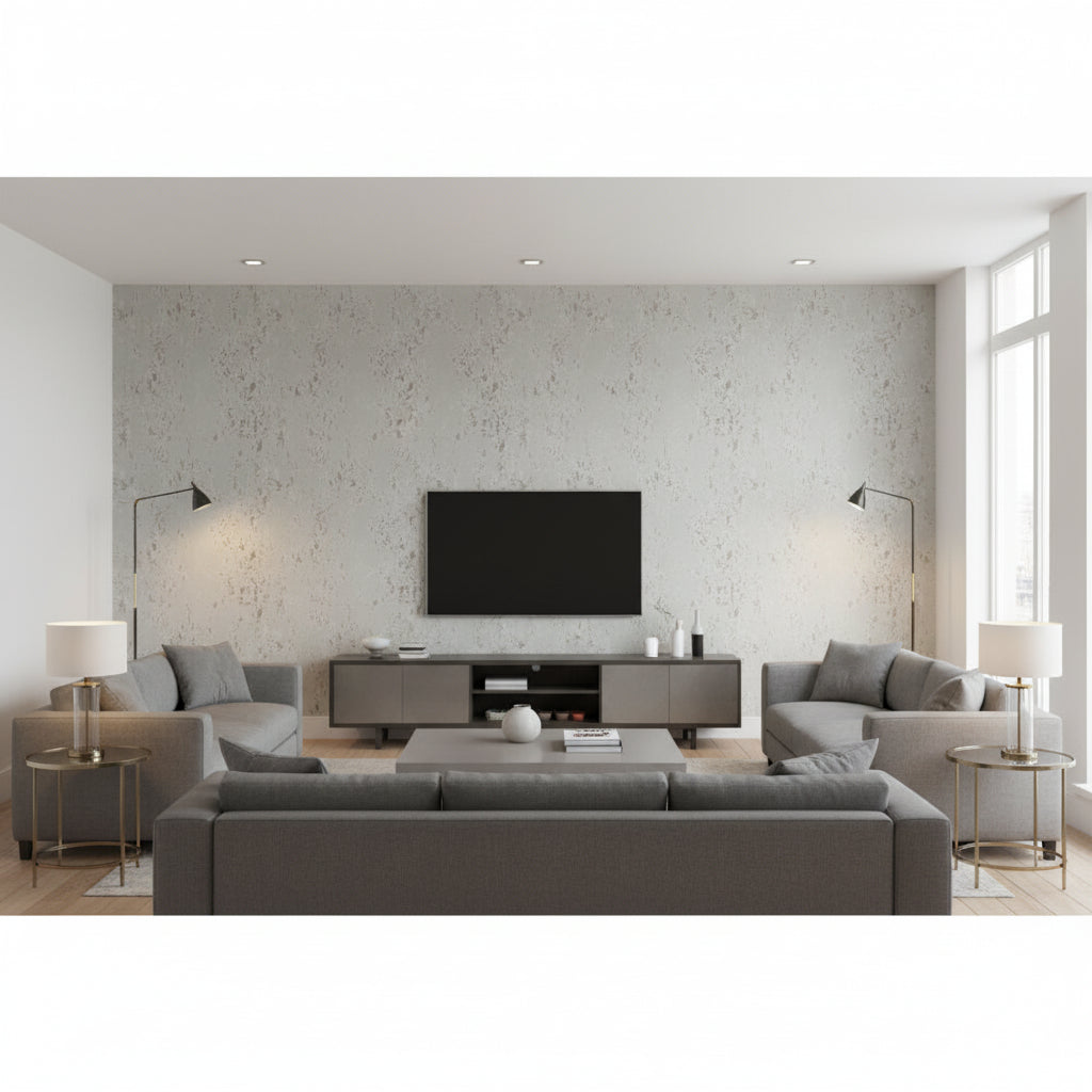 Loess Cappuccino | Romo - Living Room Visualization (AI-generated, may not be to scale. Verify pattern scale with product specifications.)