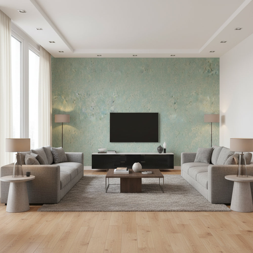 Loess Teal | Romo - Living Room Visualization (AI-generated, may not be to scale. Verify pattern scale with product specifications.)