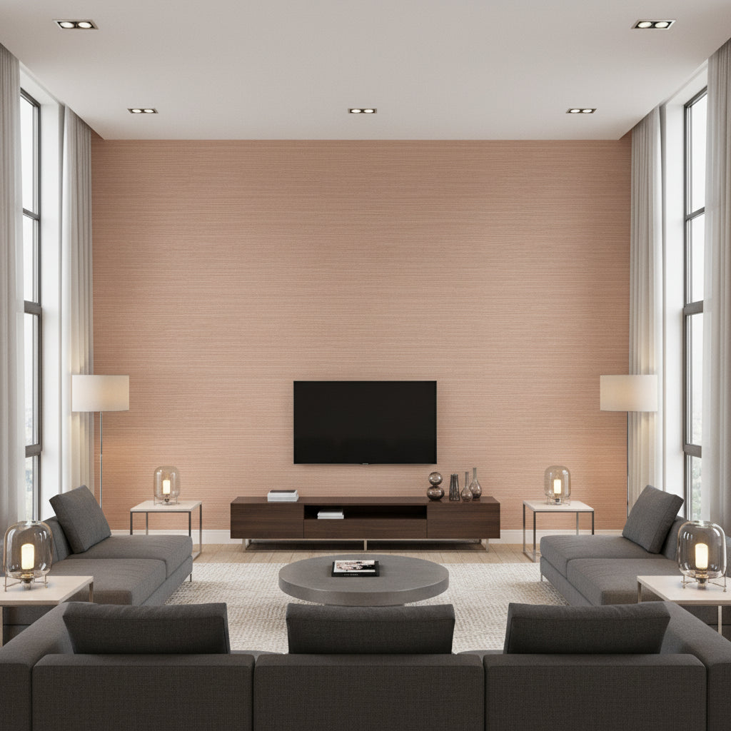 Yelena Copper | Romo - Living Room Visualization (AI-generated, may not be to scale. Verify pattern scale with product specifications.)