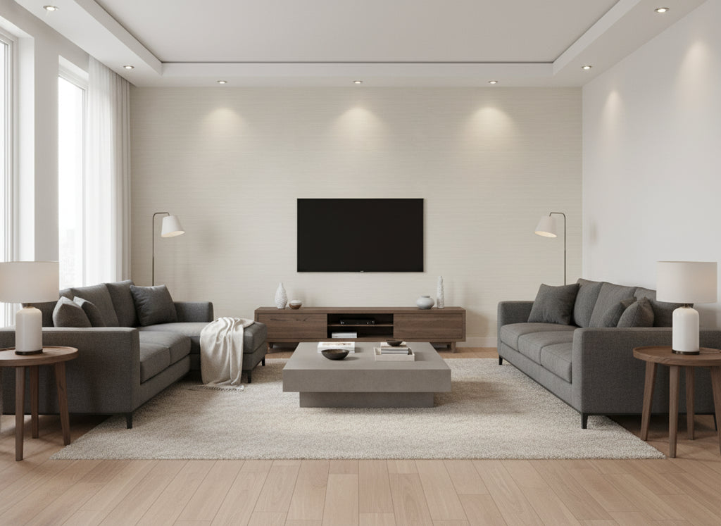 Yelena Ice | Romo - Living Room Visualization (AI-generated, may not be to scale. Verify pattern scale with product specifications.)