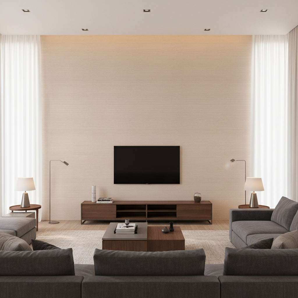 Yelena Plaster | Romo - Living Room Visualization (AI-generated, may not be to scale. Verify pattern scale with product specifications.)