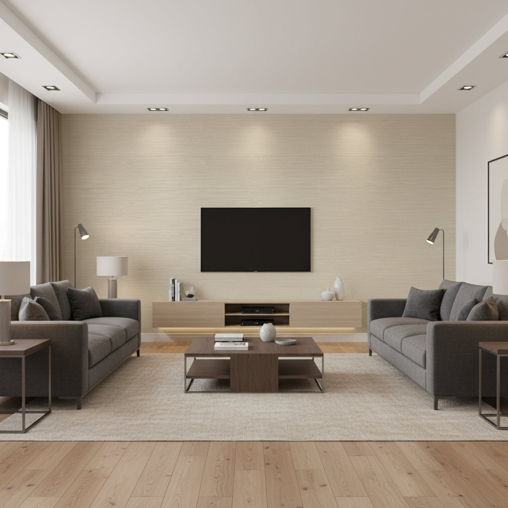 Yelena Birch | Romo - Living Room Visualization (AI-generated, may not be to scale. Verify pattern scale with product specifications.)