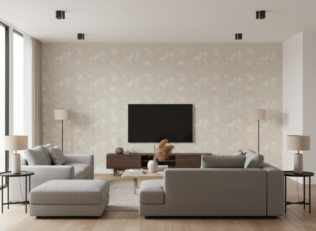 Tabletop beige | Romo - Living Room Visualization (AI-generated, may not be to scale. Verify pattern scale with product specifications.)