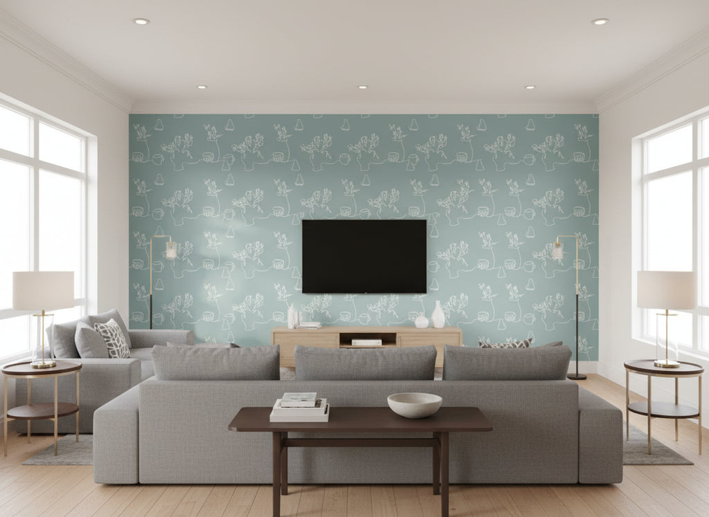 Tabletop pale blue | Romo - Living Room Visualization (AI-generated, may not be to scale. Verify pattern scale with product specifications.)